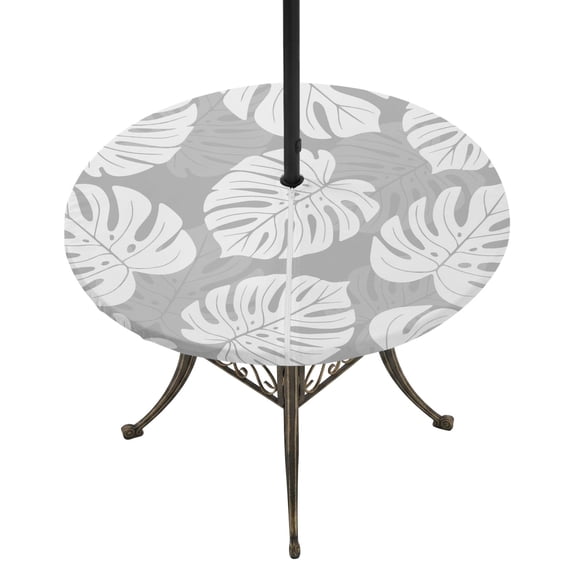 Round Outdoor Tablecloth with Umbrella Hole and Zipper, Monstera Leaves Tablecloth with Elastic Waterproof, Modern Minimalist Botanical Tropical Gray Patio Table Covers for 36" - 44" Pool Tables