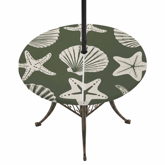 Round Outdoor Tablecloth with Umbrella Hole and Zipper, Moss Green Coastal Starfish Tablecloth with Elastic Waterproof, Ocean Sea Shells Nautical Marine Patio Table Covers for 45" - 54" Pool Tables
