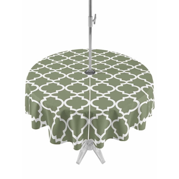 Round Outdoor Tablecloth With Umbrella Hole And Zipper– Moss Green White Geometric Waterproof Patio Table Cover for Party, Picnic, Backyard, 50" Dia. , Minimalist Morocco Pattern