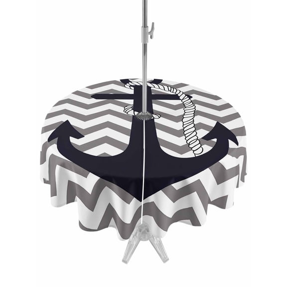 Round Outdoor Tablecloth with Umbrella Hole and Zipper Nautical Anchor Tablecloths Waterproof Patio Table Cover Gray Chevron Striped Abstract Geometric Table Cloth for Patio Party Camping, 54 Inch