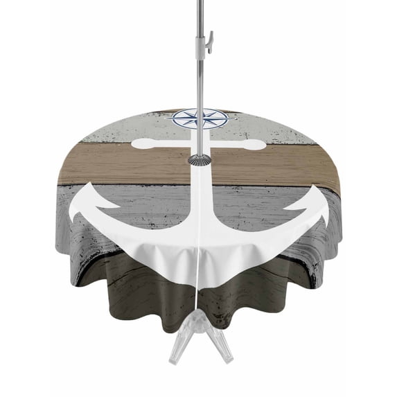 Round Outdoor Tablecloth With Umbrella Hole And Zipper– Nautical Anchor Waterproof Patio Table Cover for Party, Picnic, Backyard, 60" Dia. , Vintage Farmhouse Brown Wood Texture