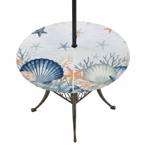 Round Outdoor Tablecloth with Umbrella Hole and Zipper, Navy Blue Coastal Tablecloth with Elastic Waterproof, Shell Starfish Coral Nautical Summer Ocean Patio Table Covers for 36" - 44" Pool Tables