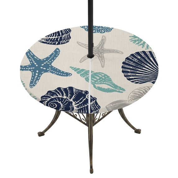 Round Outdoor Tablecloth with Umbrella Hole and Zipper, Navy Blue Coastal Tablecloth with Elastic Waterproof, Starfish Shell Coral Summer Beach Rustic Patio Table Covers for 45" - 54" Pool Tables