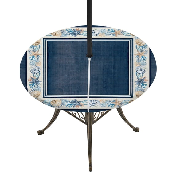 Round Outdoor Tablecloth with Umbrella Hole and Zipper, Navy Blue Coastal Tablecloth with Elastic Waterproof, Vintage Summer Beach Coral Shell Starfish Patio Table Covers for 45" - 54" Pool Tables