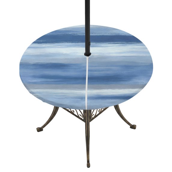 Round Outdoor Tablecloth with Umbrella Hole and Zipper, Navy Blue Grey Fitted Table Cover with Elastic Edge for 55-60 Inch, Abstract Art Oil Painting Blue Ombre Waterproof Patio Tablecoths for Picnic
