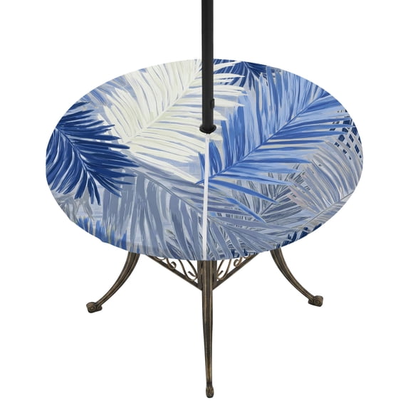 Round Outdoor Tablecloth with Umbrella Hole and Zipper, Navy Blue Grey Palm Leaves Tablecloth with Elastic Waterproof, Summer Tropical Plants Botanical Patio Table Covers for 55" - 60" Pool Tables