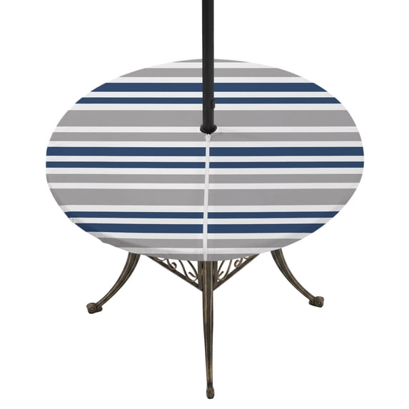 Round Outdoor Tablecloth with Umbrella Hole and Zipper, Navy Blue Grey Striped Tablecloth with Elastic Waterproof, Horizontal Lines Simple Minimalist Patio Table Covers for 45" - 54" Pool Tables