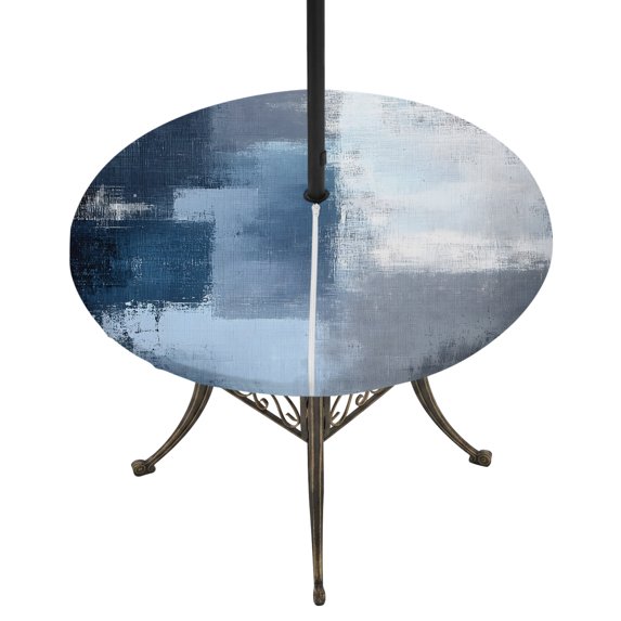 Round Outdoor Tablecloth with Umbrella Hole and Zipper, Navy Blue Grey Tablecloth with Elastic Waterproof, Modern Ombre Oil Painted Abstract Art Patio Table Covers for 36" - 44" Picnic Pool Tables