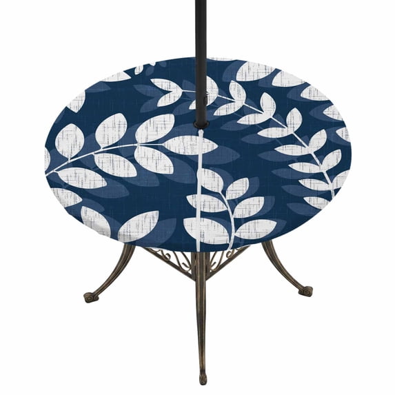 Round Outdoor Tablecloth with Umbrella Hole and Zipper, Navy Blue Leaves Tablecloth with Elastic Waterproof, Farmhouse Botanical Branch Vintage Boho Leaf Patio Table Covers for 36" - 44" Pool Tables