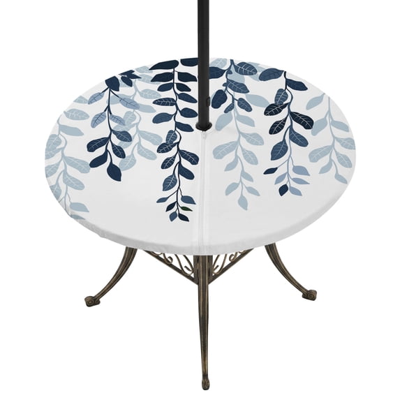 Round Outdoor Tablecloth with Umbrella Hole and Zipper, Navy Blue Ombre Botanical Fitted Table Cover with Elastic Edge for 31-35 Inch, Watercolor Pastoral Leaf Waterproof Patio Tablecoths for Picnic