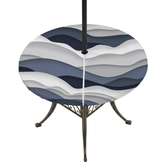 Round Outdoor Tablecloth with Umbrella Hole and Zipper, Navy Blue Ombre Fitted Table Cover with Elastic Edge for 31-35 Inch, Modern Geometric Moire Abstract Art Waterproof Patio Tablecoths for Picnic
