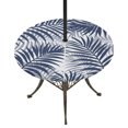 thumbnail image 1 of Round Outdoor Tablecloth with Umbrella Hole and Zipper, Navy Blue Palm Leaves Tablecloth with Elastic Waterproof, Summer Botanical Tropical Plants Patio Table Covers for 55" - 60" Picnic Pool Tables, 1 of 9
