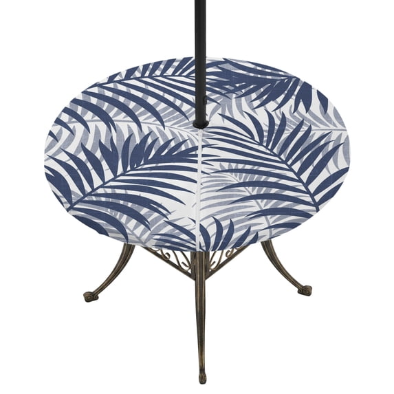 Round Outdoor Tablecloth with Umbrella Hole and Zipper, Navy Blue Palm Leaves Tablecloth with Elastic Waterproof, Summer Botanical Tropical Plants Patio Table Covers for 55" - 60" Picnic Pool Tables