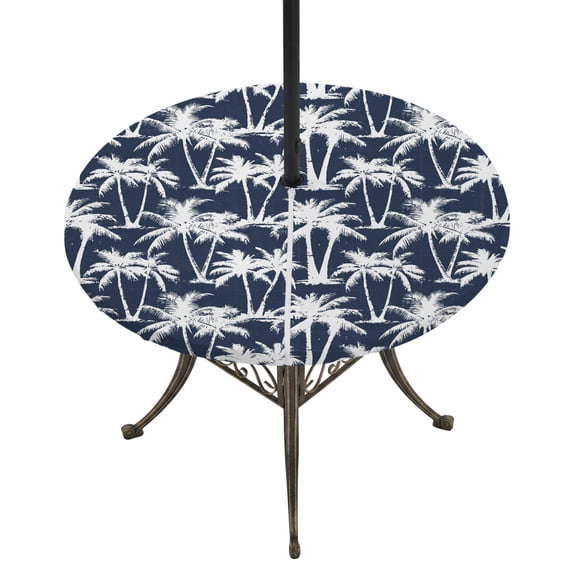 Round Outdoor Tablecloth with Umbrella Hole and Zipper, Navy Blue Palm Tree Summer Tablecloth with Elastic Waterproof, Beach Tropical Coastal Patio Table Covers for 55" - 60" Picnic Pool Tables