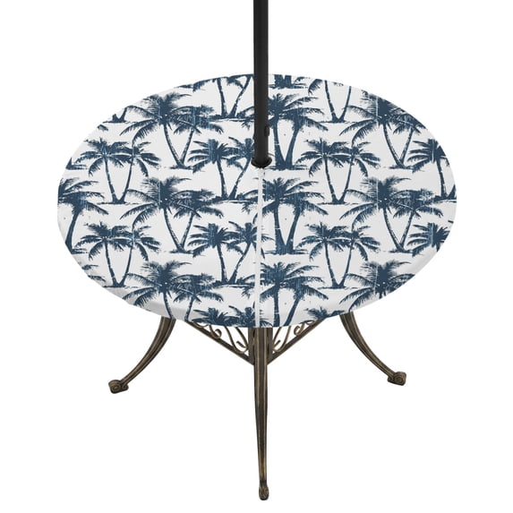 Round Outdoor Tablecloth with Umbrella Hole and Zipper, Navy Blue Palm Tree Tablecloth with Elastic Waterproof, Coastal Trees Summer Tropical Botanical Patio Table Covers for 31" - 35" Pool Tables