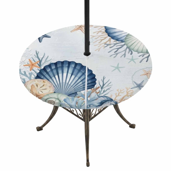 Round Outdoor Tablecloth with Umbrella Hole and Zipper, Navy Blue Shell Coastal Tablecloth with Elastic Waterproof, Starfish Coral Summer Beach Nautical Patio Table Covers for 36" - 44" Pool Tables