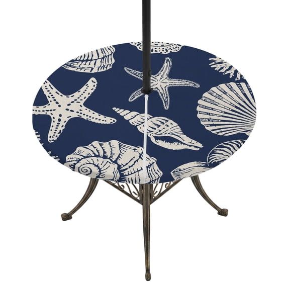 Round Outdoor Tablecloth with Umbrella Hole and Zipper, Navy Blue Starfish Coastal Tablecloth with Elastic Waterproof, Shell Summer Beach Nautical Patio Table Covers for 55" - 60" Picnic Pool Tables