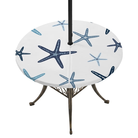 Round Outdoor Tablecloth with Umbrella Hole and Zipper, Navy Blue Starfish Tablecloth with Elastic Waterproof, Coastal Summer Beach Nautical Patio Table Covers for 45" - 54" Picnic Pool Tables