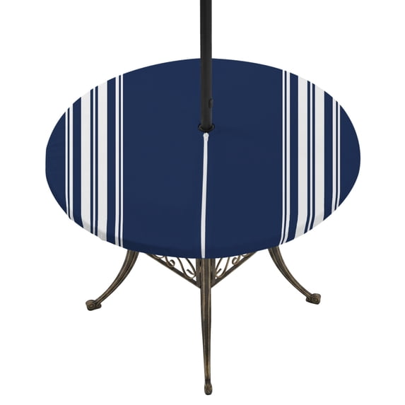 Round Outdoor Tablecloth with Umbrella Hole and Zipper, Navy Blue Striped Fitted Table Cover with Elastic Edge for 31-35 Inch, Farmhouse White Stripes Aesthetics Waterproof Patio Tablecoths