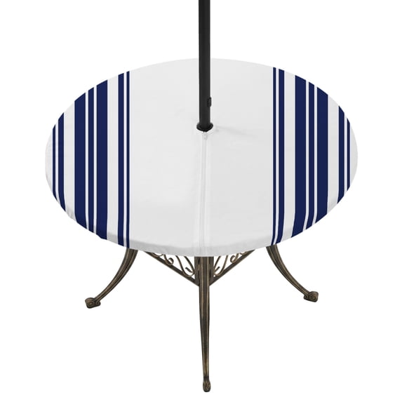 Round Outdoor Tablecloth with Umbrella Hole and Zipper, Navy Blue Striped Fitted Table Cover with Elastic Edge for 55-60 Inch, Farmhouse Simple Line Vertical Stripes Waterproof Patio Tablecoths