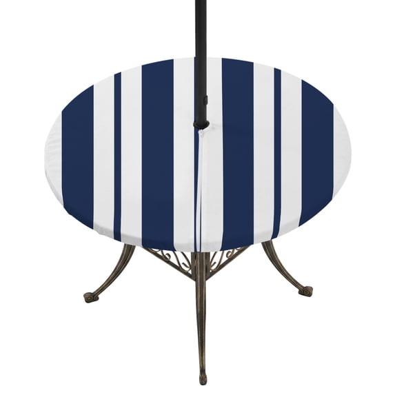 Round Outdoor Tablecloth with Umbrella Hole and Zipper, Navy Blue Striped Tablecloth with Elastic Waterproof, Blue Geometric Line Stripes Farmhouse Patio Table Covers for 31" - 35" Pool Tables