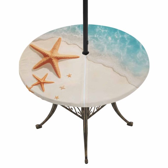 Round Outdoor Tablecloth with Umbrella Hole and Zipper, Ocean Starfish Tablecloth with Elastic Waterproof, Beach Shell Shore Waves Summer Sea Patio Table Covers for 36" - 44" Picnic Pool Tables