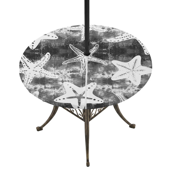 Round Outdoor Tablecloth with Umbrella Hole and Zipper, Ocean Starfish Tablecloth with Elastic Waterproof, Vintage Abstract Coastal Tie-dye Art Deep Gray Patio Table Covers for 45" - 54" Pool Tables