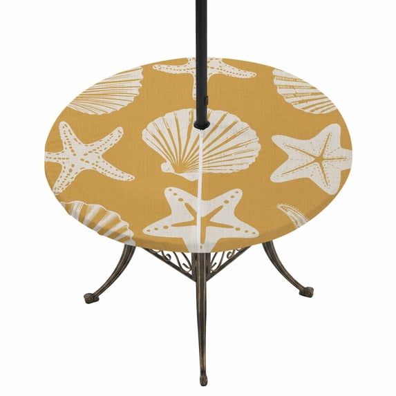 Round Outdoor Tablecloth with Umbrella Hole and Zipper, Ochre Coastal Starfish Tablecloth with Elastic Waterproof, Ocean Sea Shells Nautical Marine Patio Table Covers for 55" - 60" Pool Tables