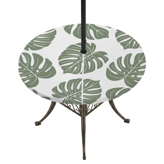 Round Outdoor Tablecloth with Umbrella Hole and Zipper, Olive Green Monstera Leaf Tablecloth with Elastic Waterproof, Tropical Plant Botanical Boho Patio Table Covers for 55" - 60" Pool Tables