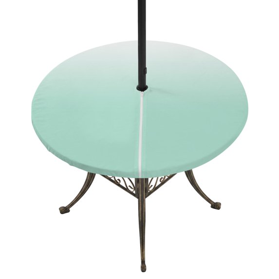 Round Outdoor Tablecloth with Umbrella Hole and Zipper, Ombre Green White Fitted Table Cover with Elastic Edge for 45-54 Inch, Modern Painting Waterproof Patio Tablecoths for Picnic