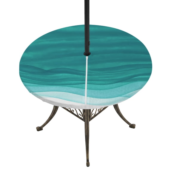 Round Outdoor Tablecloth with Umbrella Hole and Zipper, Ombre Turquoise Waves Tablecloth with Elastic Waterproof, Abstract Art Gradient Modern Patio Table Covers for 55" - 60" Picnic Pool Tables