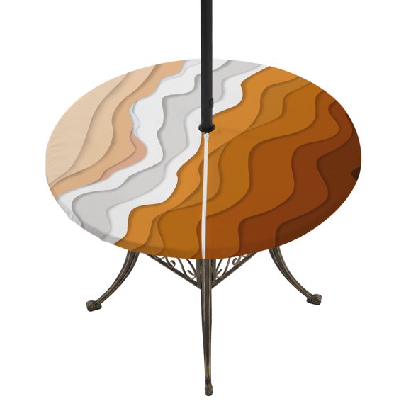Round Outdoor Tablecloth with Umbrella Hole and Zipper, Orange Coastal Beach Tablecloth with Elastic Waterproof, Rustic Abstract Sea Waves Striped Patio Table Covers for 45" - 54" Picnic Pool Tables