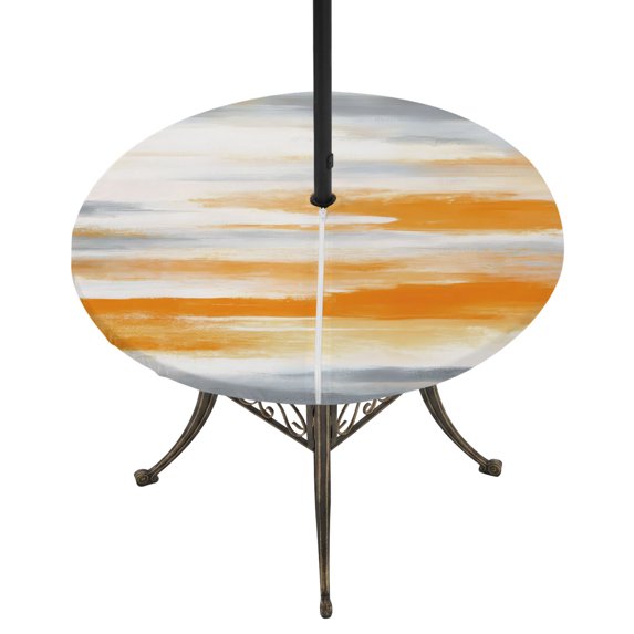 Round Outdoor Tablecloth with Umbrella Hole and Zipper, Orange Gray White Fitted Table Cover with Elastic Edge for 55-60 Inch, Farmhouse Abstract Ombre Texture Waterproof Patio Tablecoths for Picnic