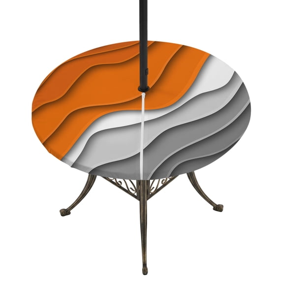 Round Outdoor Tablecloth with Umbrella Hole and Zipper, Orange Grey Ombre Fitted Table Cover with Elastic Edge for 31-35 Inch, Modern Geometric Abstract Aesthetics Cream Waterproof Patio Tablecoths