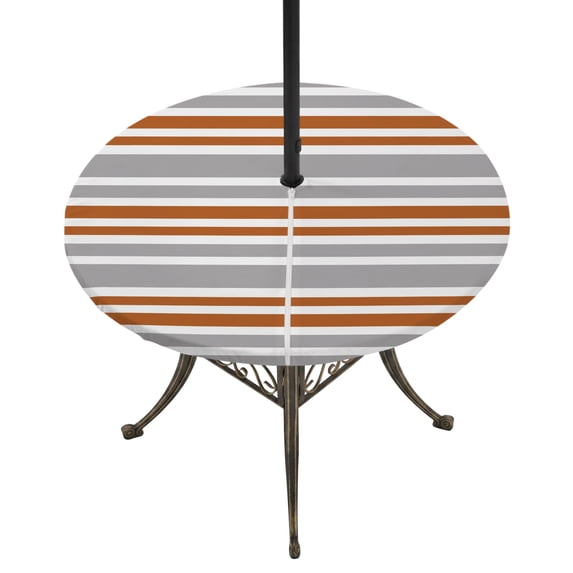 Round Outdoor Tablecloth with Umbrella Hole and Zipper, Orange Grey Striped Tablecloth with Elastic Waterproof, Horizontal Lines Simple Minimalist Patio Table Covers for 31" - 35" Picnic Pool Tables
