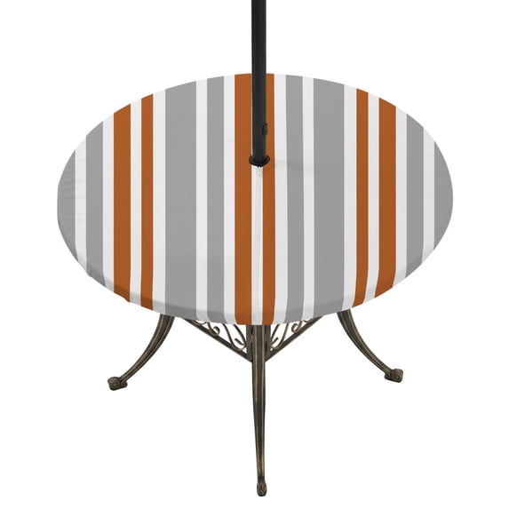 Round Outdoor Tablecloth with Umbrella Hole and Zipper, Orange Grey Stripes Tablecloth with Elastic Waterproof, Simple Striped Lines Minimalist Modern Patio Table Covers for 45" - 54" Pool Tables