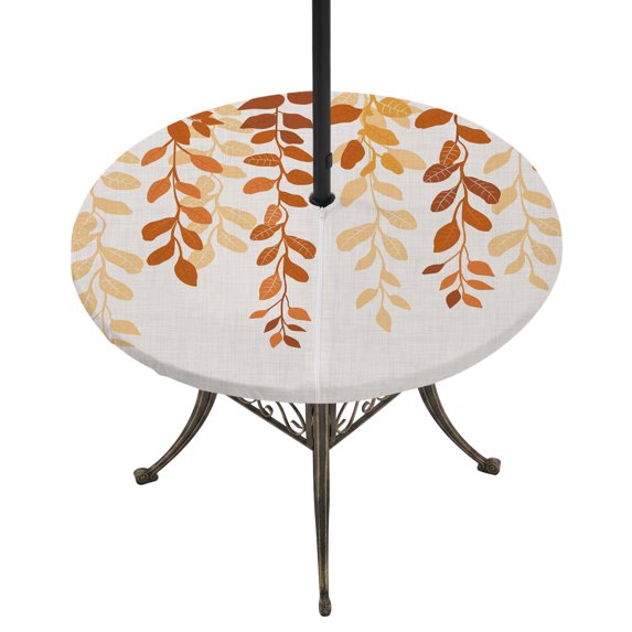 Round Outdoor Tablecloth with Umbrella Hole and Zipper, Orange Ombre Botanical Fitted Table Cover with Elastic Edge for 36-44 Inch, Watercolor Country Leaf Rustic Waterproof Patio Tablecoths