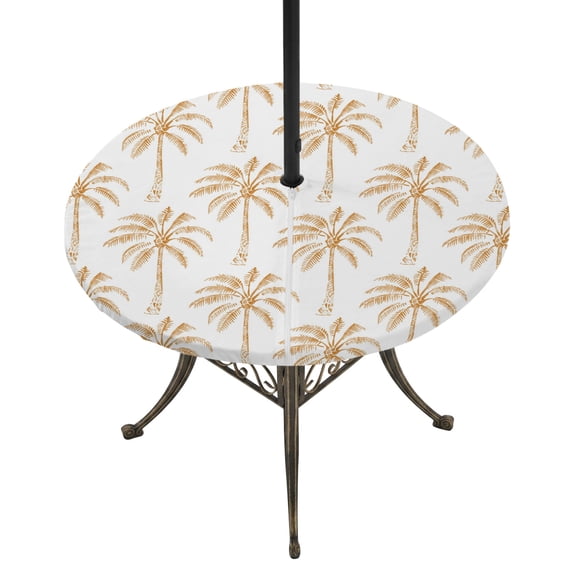 Round Outdoor Tablecloth with Umbrella Hole and Zipper, Orange Palm Tree Tablecloth with Elastic Waterproof, Tropical Summer Botanical Forest Modern Patio Table Covers for 55" - 60" Pool Tables