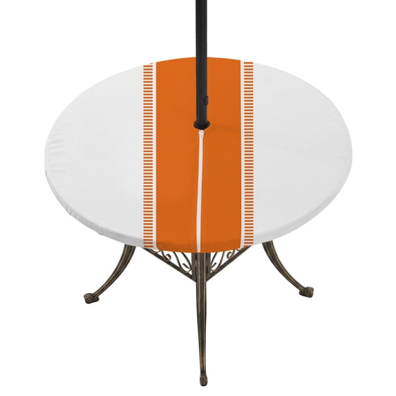 Round Outdoor Tablecloth with Umbrella Hole and Zipper, Orange Solid Color Texture Fitted Table Cover with Elastic Edge for 55-60 Inch, Simple Orange Stripes Waterproof Patio Tablecoths for Picnic