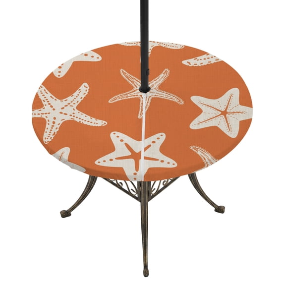 Round Outdoor Tablecloth with Umbrella Hole and Zipper, Orange Starfish Coastal Tablecloth with Elastic Waterproof, Nautical Summer Ocean Abstract Art Patio Table Covers for 36" - 44" Pool Tables