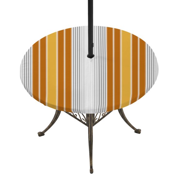 Round Outdoor Tablecloth with Umbrella Hole and Zipper, Orange Stripes Tablecloth with Elastic Waterproof, Modern Farmhouse Simple Vertical Lines Patio Table Covers for 36" - 44" Picnic Pool Tables