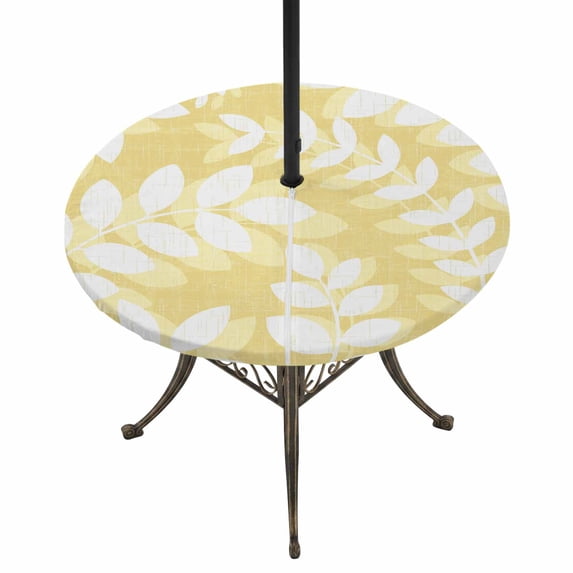 Round Outdoor Tablecloth with Umbrella Hole and Zipper, Pale Yellow Leaves Tablecloth with Elastic Waterproof, Farmhouse Botanical Branch Vintage Boho Patio Table Covers for 31" - 35" Pool Tables
