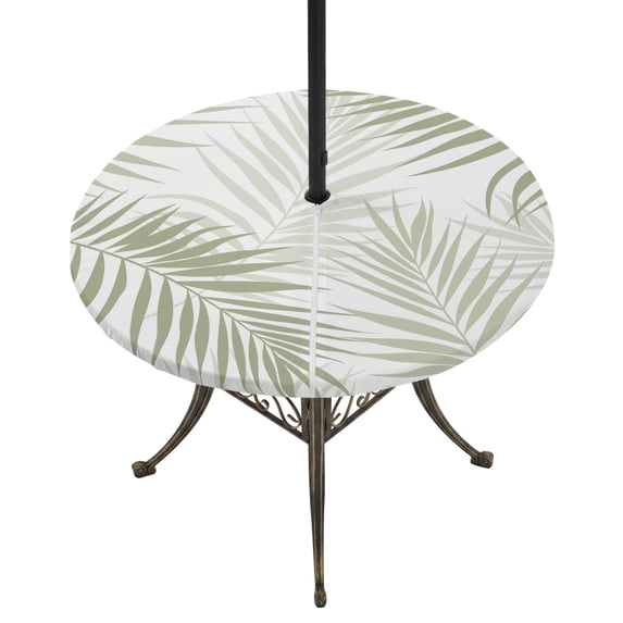 Round Outdoor Tablecloth with Umbrella Hole and Zipper, Palm Leaves Tablecloth with Elastic Waterproof, Modern Simple Tropical Botanical Sage Green Patio Table Covers for 45" - 54" Pool Tables