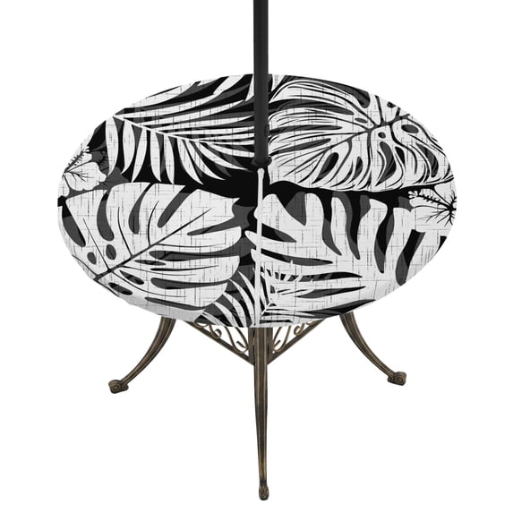 Round Outdoor Tablecloth with Umbrella Hole and Zipper, Palm Tree Monstera Tablecloth with Elastic Waterproof, Black White Leaf Boho Botanical Tropical Patio Table Covers for 36" - 44" Pool Tables