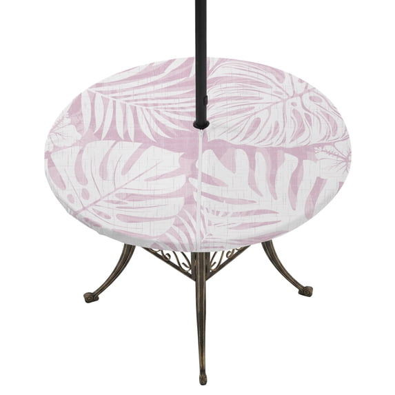 Round Outdoor Tablecloth with Umbrella Hole and Zipper, Palm Tree Monstera Tablecloth with Elastic Waterproof, Lavender White Leaf Boho Botanical Tropical Patio Table Covers for 31" - 35" Tables