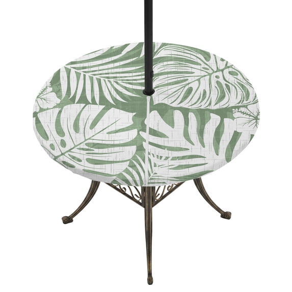Round Outdoor Tablecloth with Umbrella Hole and Zipper, Palm Tree Monstera Tablecloth with Elastic Waterproof, Sage Green White Leaf Boho Botanical Patio Table Covers for 31" - 35" Pool Tables
