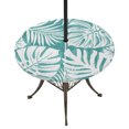 thumbnail image 1 of Round Outdoor Tablecloth with Umbrella Hole and Zipper, Palm Tree Monstera Tablecloth with Elastic Waterproof, Turquoise Teal White Leaf Boho Botanical Patio Table Covers for 31" - 35" Pool Tables, 1 of 9