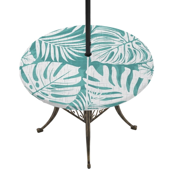 Round Outdoor Tablecloth with Umbrella Hole and Zipper, Palm Tree Monstera Tablecloth with Elastic Waterproof, Turquoise Teal White Leaf Boho Botanical Patio Table Covers for 31" - 35" Pool Tables