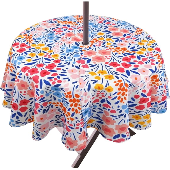 Round Outdoor Tablecloth with Umbrella Hole and Zipper, Patio Table Cloth with Umbrella Hole Round, Fabric Waterproof Colorful Flower Tablecloth for Spring/Summer/Party/Picnic, 60" x 60"