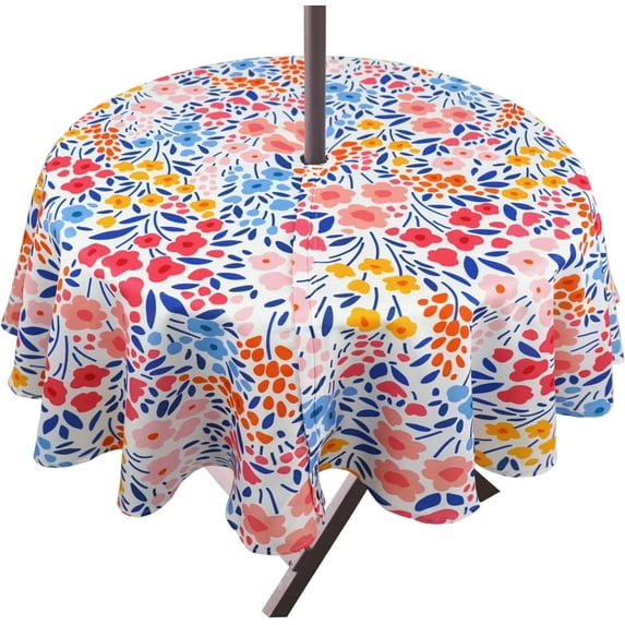 Round Outdoor Tablecloth with Umbrella Hole and Zipper, Patio Table Cloth with Umbrella Hole Round, Fabric Waterproof Colorful Flower Tablecloth for Spring/Summer/Party/Picnic, 60" x 60"